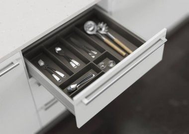 Mutfak çekmecesini mutfak malzemeleriyle açın. Mutfağın depolama ve düzenlenmesi. 3d oluşturma.