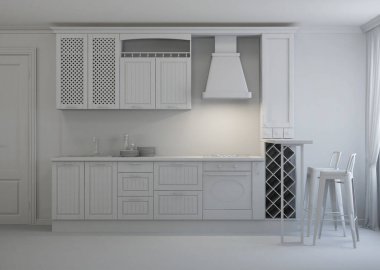 Mutfağın içinde, özel bir evde. 3d oluşturma.