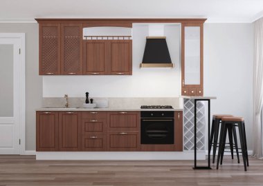 Mutfağın içinde, özel bir evde. 3d oluşturma.