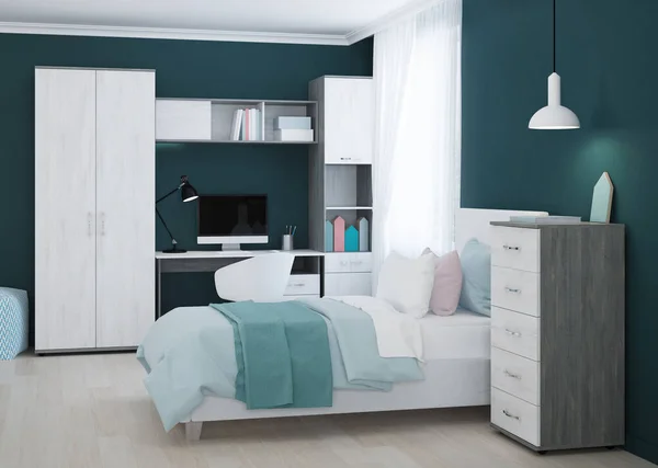 Acogedor Dormitorio Elegante Diseñado Para Adolescente Interior Brillante Con Acentos — Foto de Stock