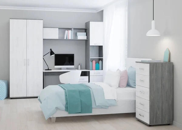 Acogedor Dormitorio Elegante Diseñado Para Adolescente Interior Brillante Con Acentos — Foto de Stock