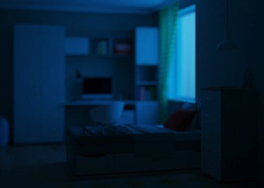 Bir ergen için tasarlanmış rahat bir yatak odası. İyi geceler. Akşam aydınlatması. 3d oluşturma.