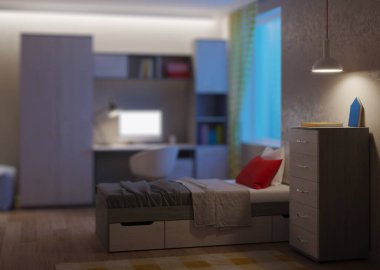 Bir ergen için tasarlanmış rahat bir yatak odası. İyi geceler. Akşam aydınlatması. 3d oluşturma.
