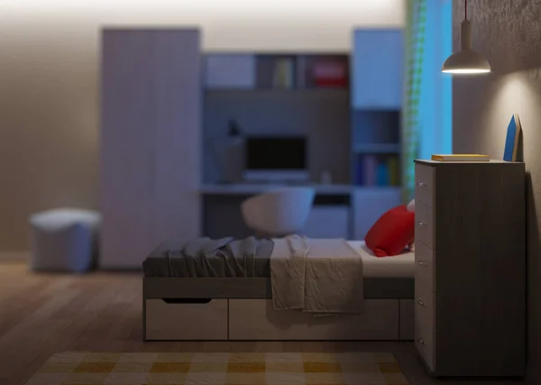 Acogedor Dormitorio Elegante Diseñado Para Adolescente Buenas Noches Iluminación Nocturna — Foto de Stock