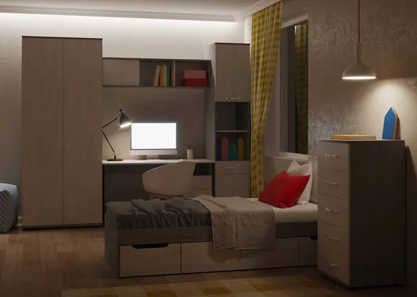 Chambre Confortable Élégante Conçue Pour Adolescent Bonne Nuit Eclairage Soir — Photo