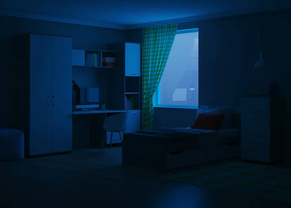 Уютная Стильная Спальня Предназначенная Подростка Спокойной Ночи Вечернее Освещение Рендеринг — стоковое фото
