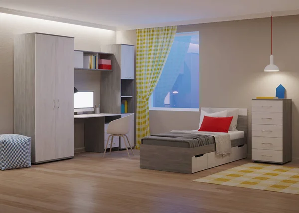 10代のために設計された居心地の良いスタイリッシュなベッドルーム 夜の照明 3Dレンダリング — ストック写真