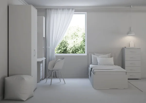 Άνετο Κομψό Υπνοδωμάτιο Σχεδιασμένο Για Έναν Έφηβο Γκρι Εσωτερικό Απόδοση — Φωτογραφία Αρχείου