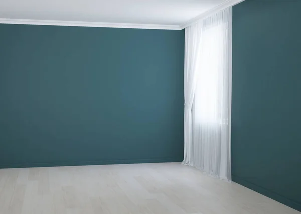 Empty room with turquoise walls and with a curtain on the window. 3D rendering.