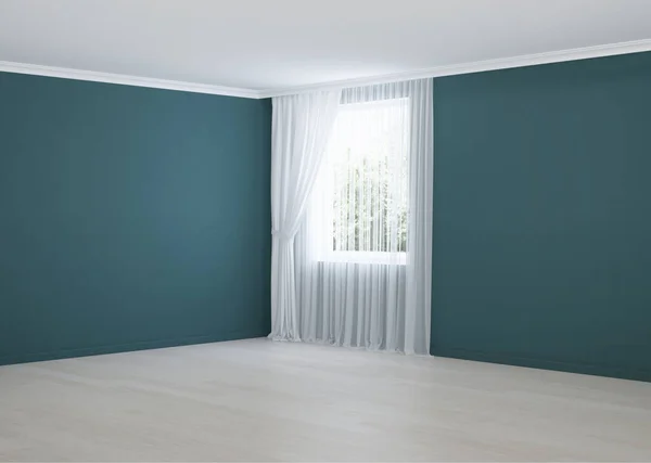 Empty room with turquoise walls and with a curtain on the window. 3D rendering.