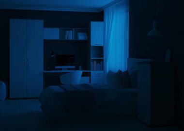 Bir ergen için tasarlanmış rahat bir yatak odası. İyi geceler. Akşam aydınlatması. 3d oluşturma.