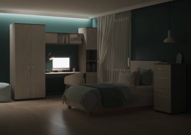 Bir ergen için tasarlanmış rahat bir yatak odası. İyi geceler. Akşam aydınlatması. 3d oluşturma.