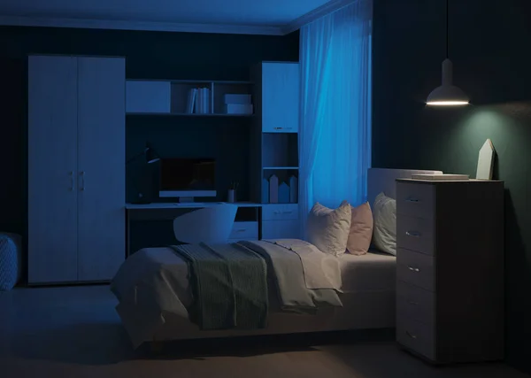 Acogedor Dormitorio Elegante Diseñado Para Adolescente Buenas Noches Iluminación Nocturna —  Fotos de Stock