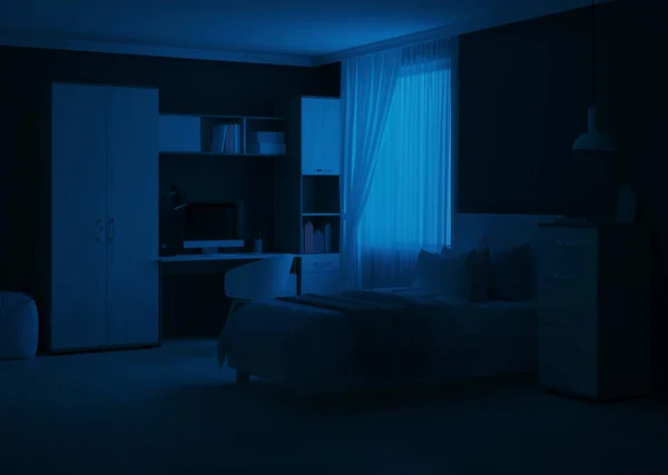 Затишна Стильна Спальня Розроблена Підлітка Ніч Вечірнє Освітлення Візуалізація — стокове фото