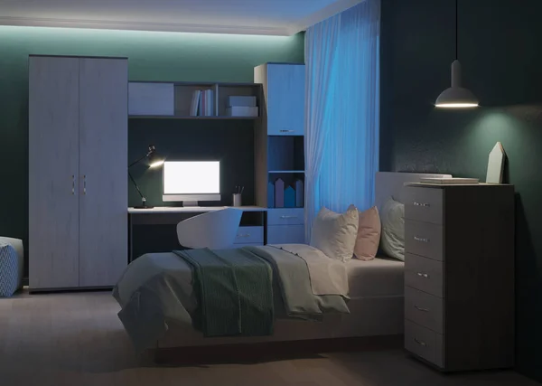 Chambre Confortable Élégante Conçue Pour Adolescent Bonne Nuit Eclairage Soir — Photo