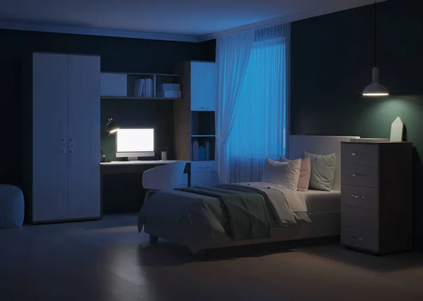 Hyggeligt Stilfuldt Soveværelse Designet Til Teenager Godnat Godaften Belysning Gengivelse - Stock-foto