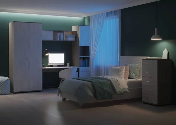 Άνετο Κομψό Υπνοδωμάτιο Σχεδιασμένο Για Έναν Έφηβο Νύχτα Βραδινός Φωτισμός — Φωτογραφία Αρχείου