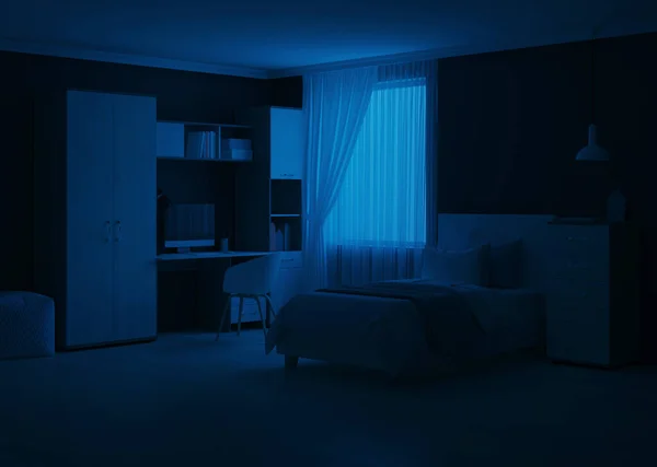Cozy Stylish Bedroom Designed Teenager Night Evening Lighting Rendering — Stock Photo, Image
