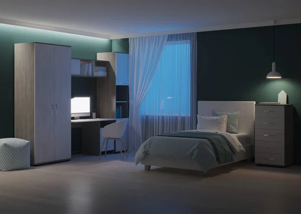 Chambre Confortable Élégante Conçue Pour Adolescent Bonne Nuit Eclairage Soir — Photo