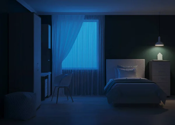 舒适时髦的卧室 专为青少年设计 晚安夜光 3D渲染 — 图库照片