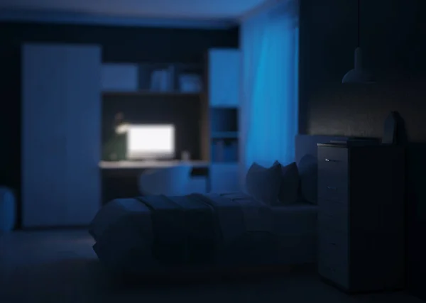 舒适时髦的卧室 专为青少年设计 晚安夜光 3D渲染 — 图库照片
