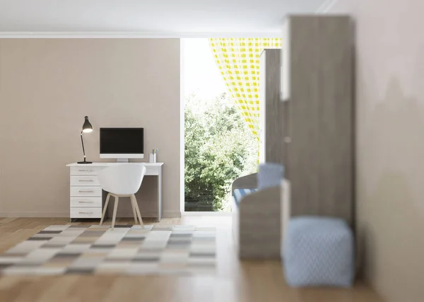 Cozy Stylish Room Designed Teenager Interior Light Walls Pattern Mountains — Stock Photo, Image