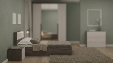 Açık yeşil duvarları olan modern bir yatak odası. İyi geceler. Akşam aydınlatması. 3B görüntüleme.