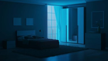 Açık yeşil duvarları olan modern bir yatak odası. İyi geceler. Akşam aydınlatması. 3B görüntüleme.