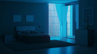 Açık yeşil duvarları olan modern bir yatak odası. İyi geceler. Akşam aydınlatması. 3B görüntüleme.
