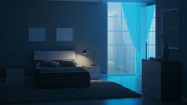 Açık yeşil duvarları olan modern bir yatak odası. İyi geceler. Akşam aydınlatması. 3B görüntüleme.