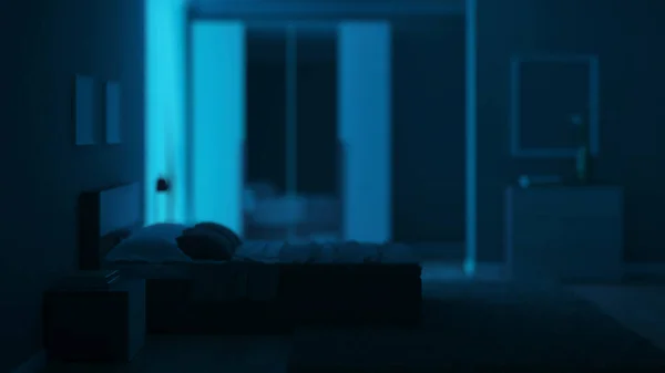Açık Yeşil Duvarları Olan Modern Bir Yatak Odası Geceler Akşam — Stok fotoğraf