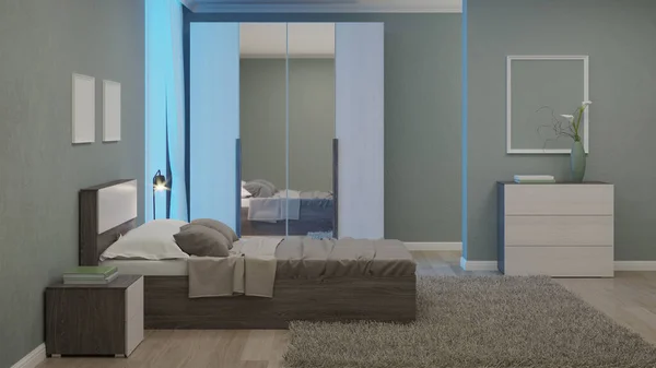 Modern interior of a bedroom with light green walls. Night. Evening lighting. 3D rendering.