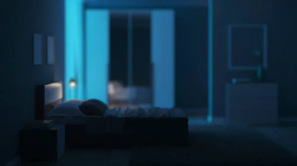 Açık Yeşil Duvarları Olan Modern Bir Yatak Odası Geceler Akşam — Stok fotoğraf