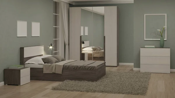 Moderner Innenraum Eines Schlafzimmers Mit Hellgrünen Wänden Nacht Abendbeleuchtung Rendering — Stockfoto