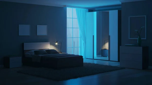 Modern interior of a bedroom with light green walls. Night. Evening lighting. 3D rendering.