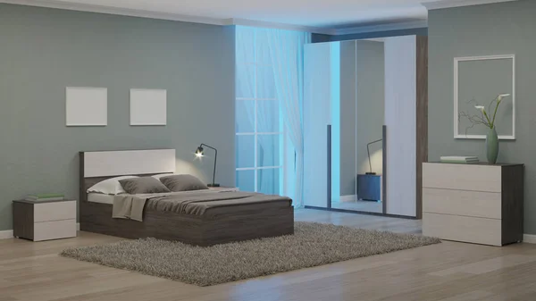 Modern interior of a bedroom with light green walls. Night. Evening lighting. 3D rendering.