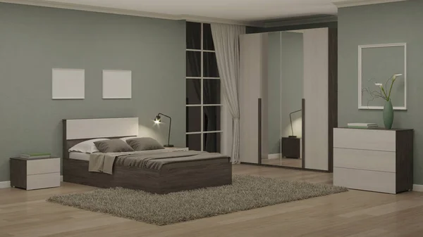 Modern interior of a bedroom with light green walls. Night. Evening lighting. 3D rendering.