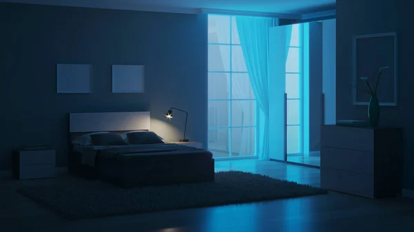 Modern Interiör Ett Sovrum Med Ljusgröna Väggar God Natt Kvällsbelysning — Stockfoto