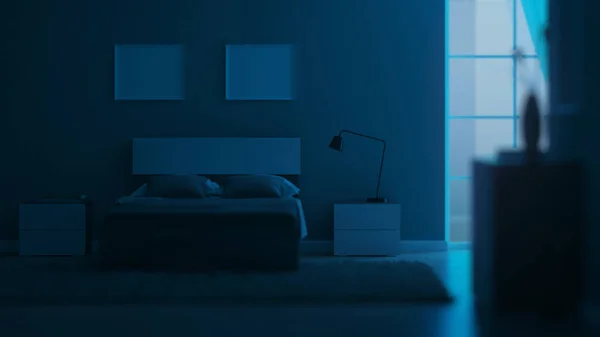 Современный Интерьер Спальни Светло Зелеными Стенами Спокойной Ночи Вечернее Освещение — стоковое фото