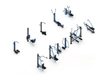 Kas kütlesi kazanmak ve beyaz arka plandaki yaraların iyileşmesi için sokak egzersiz ekipmanları. Kırpma yolu dahil. 3B görüntüleme.