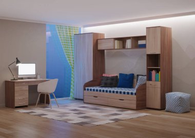 Bir ergen için tasarlanmış rahat bir oda. İyi geceler. Akşam aydınlatması. 3B görüntüleme.