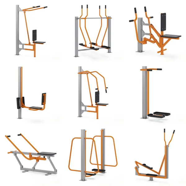 Street exercise equipment for gaining muscle mass and recovering from injuries on a white background. 3D rendering.