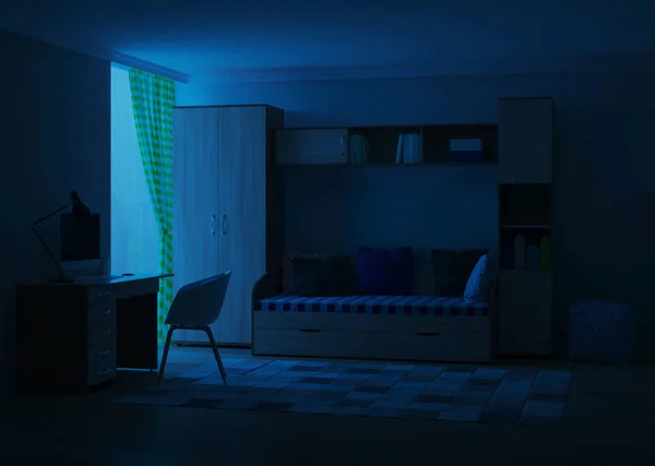Bir Ergen Için Tasarlanmış Rahat Bir Oda Geceler Akşam Aydınlatması — Stok fotoğraf