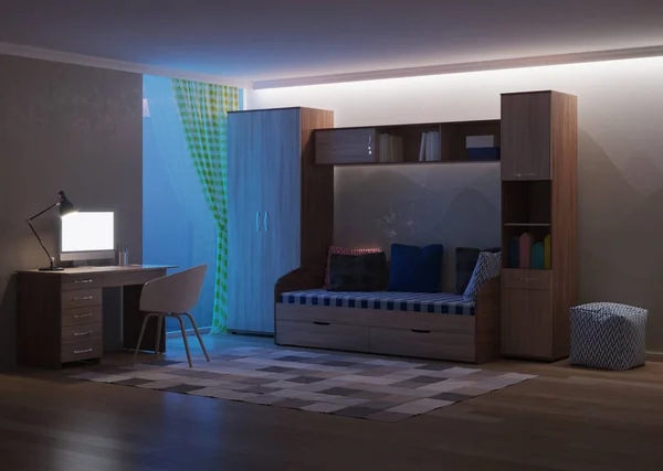 Acogedora Habitación Elegante Diseñada Para Adolescente Buenas Noches Iluminación Nocturna — Foto de Stock