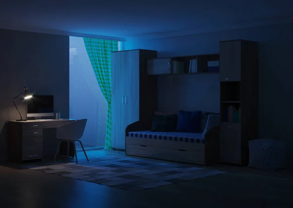 Quarto Acolhedor Elegante Projetado Para Adolescente Boa Noite Iluminação Nocturna — Fotografia de Stock