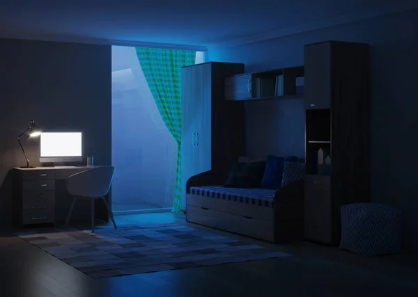 舒适时尚的房间 专为青少年设计 晚安夜光 3D渲染 — 图库照片
