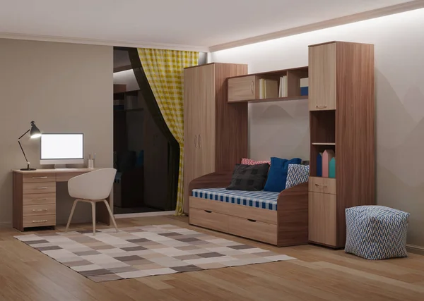 Gemütliches Stilvolles Zimmer Für Einen Teenager Konzipiert Nacht Abendbeleuchtung Rendering — Stockfoto