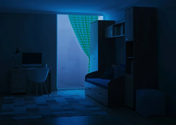 舒适时尚的房间 专为青少年设计 晚安夜光 3D渲染 — 图库照片