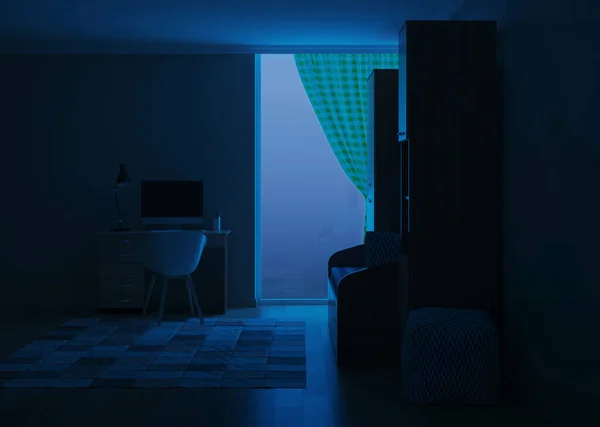 Άνετο Κομψό Δωμάτιο Σχεδιασμένο Για Έναν Έφηβο Νύχτα Βραδινός Φωτισμός — Φωτογραφία Αρχείου