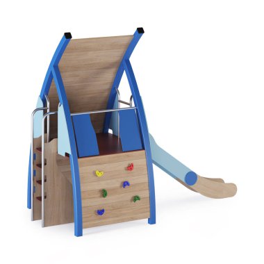 Beyaz arka planda modern çocuk oyunu kompleksi. Oyun ekipmanları, kaydırak, merdivenler ve avluya yerleştirmek için kuleler. Yakın plan. Kırpma yolu dahil. 3B görüntüleme.